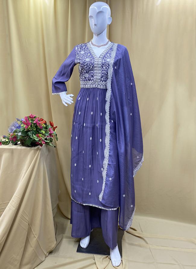 Roman Silk Purple Party Wear Hand Work Readymade Salwaar Suit